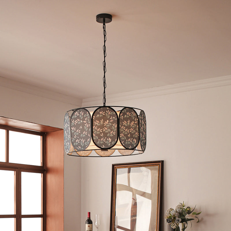 Traditional French Elliptical Column Fabric Iron 5-Light Chandelier For Living Room