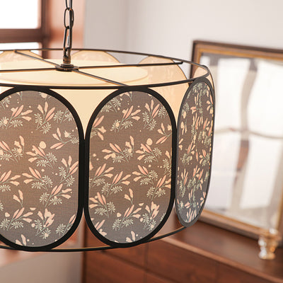 Traditional French Elliptical Column Fabric Iron 5-Light Chandelier For Living Room