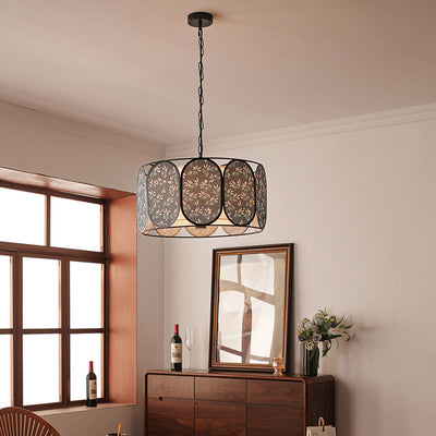 Traditional French Elliptical Column Fabric Iron 5-Light Chandelier For Living Room