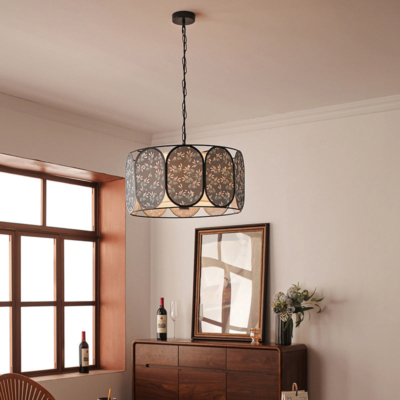Traditional French Elliptical Column Fabric Iron 5-Light Chandelier For Living Room