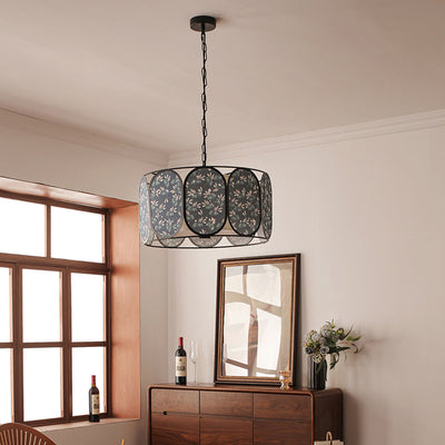 Traditional French Elliptical Column Fabric Iron 5-Light Chandelier For Living Room