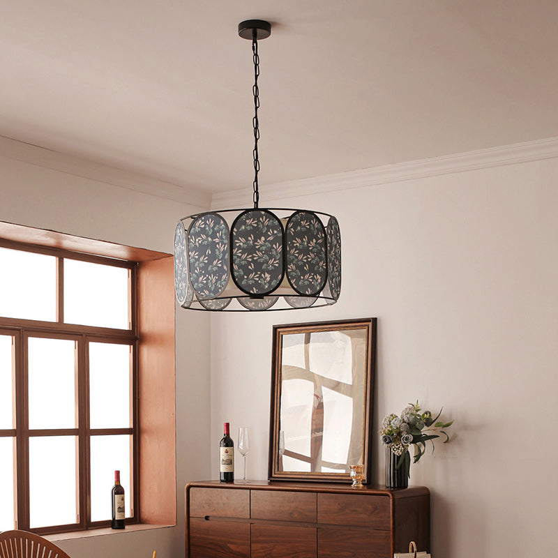 Traditional French Elliptical Column Fabric Iron 5-Light Chandelier For Living Room
