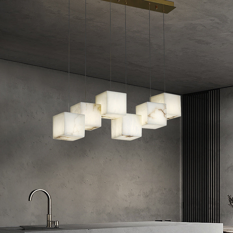 Modern Minimalist Square Stainless Steel Marble 6/8/10 Light Chandelier For Dining Room