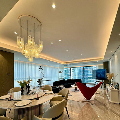 Contemporary Luxury U-Shaped Cloud Pattern Glass Carbon Steel 7/13/19 Light Chandelier For Dining Room