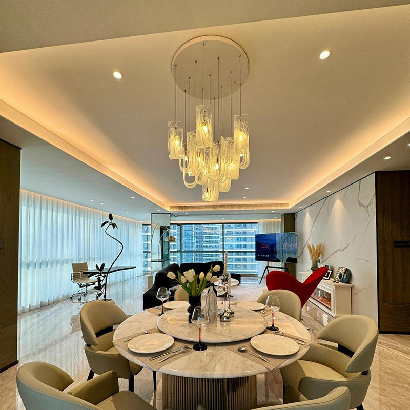 Contemporary Luxury U-Shaped Cloud Pattern Glass Carbon Steel 7/13/19 Light Chandelier For Dining Room