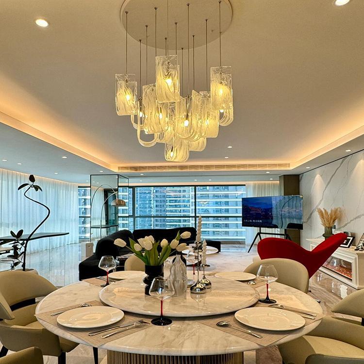 Contemporary Luxury U-Shaped Cloud Pattern Glass Carbon Steel 7/13/19 Light Chandelier For Dining Room