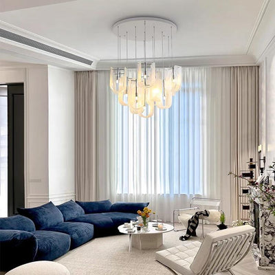 Contemporary Luxury U-Shaped Cloud Pattern Glass Carbon Steel 7/13/19 Light Chandelier For Dining Room
