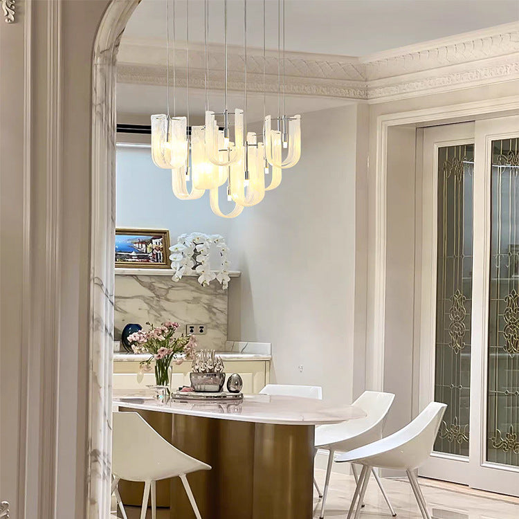 Contemporary Luxury U-Shaped Cloud Pattern Glass Carbon Steel 7/13/19 Light Chandelier For Dining Room