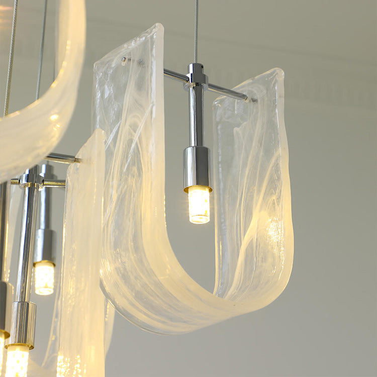 Contemporary Luxury U-Shaped Cloud Pattern Glass Carbon Steel 7/13/19 Light Chandelier For Dining Room