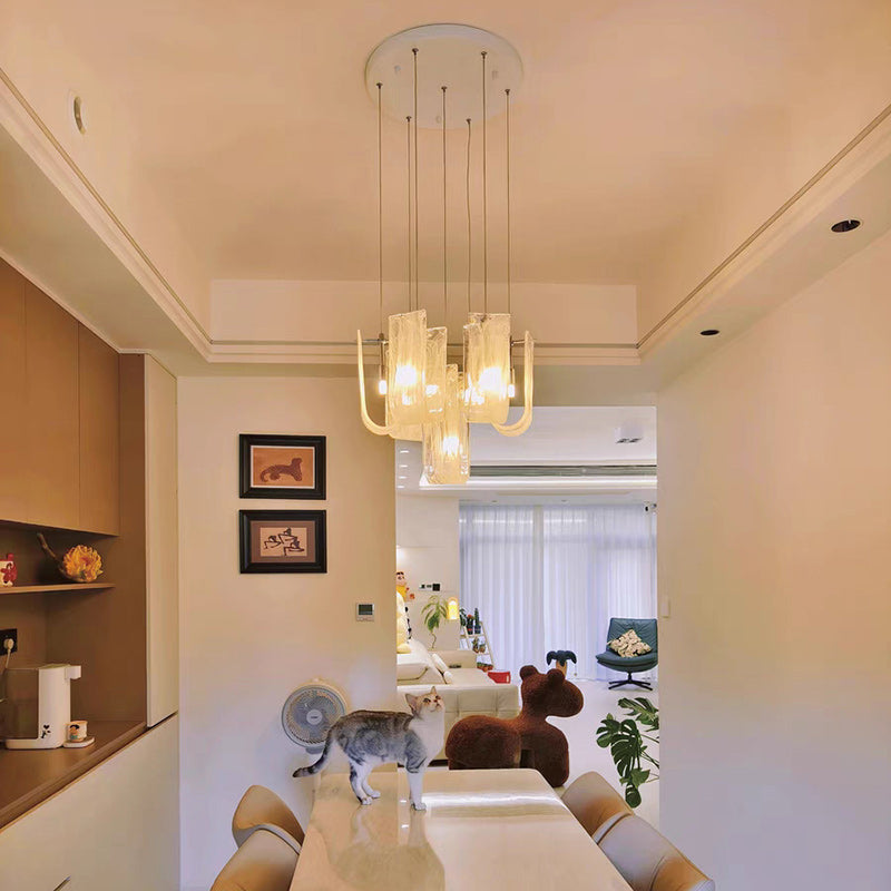 Contemporary Luxury U-Shaped Cloud Pattern Glass Carbon Steel 7/13/19 Light Chandelier For Dining Room