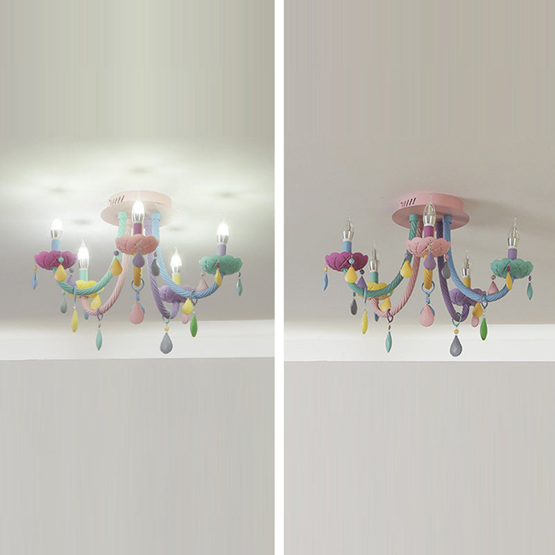 Contemporary Creative Flower Candle-Shaped Kid Iron Crystal Glass 5-Light Flush Mount Ceiling Light For Bedroom