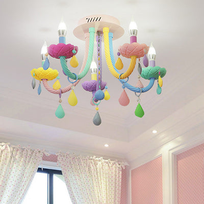 Contemporary Creative Flower Candle-Shaped Kid Iron Crystal Glass 5-Light Flush Mount Ceiling Light For Bedroom
