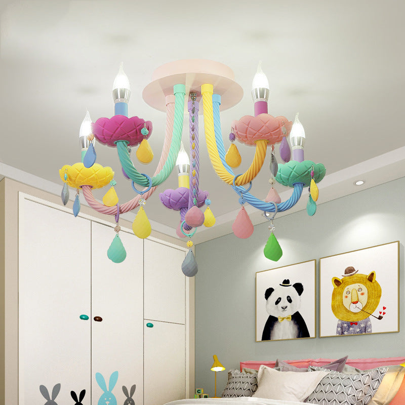 Contemporary Creative Flower Candle-Shaped Kid Iron Crystal Glass 5-Light Flush Mount Ceiling Light For Bedroom