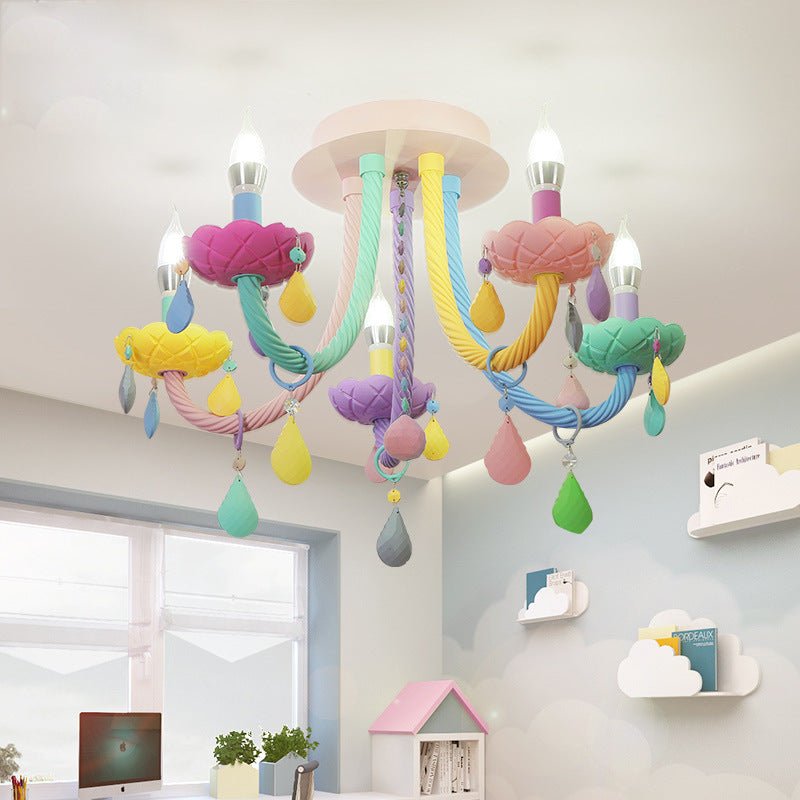 Contemporary Creative Flower Candle-Shaped Kid Iron Crystal Glass 5-Light Flush Mount Ceiling Light For Bedroom