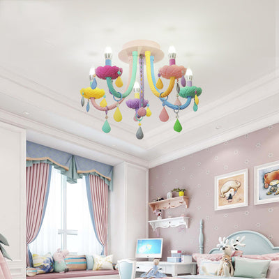 Contemporary Creative Flower Candle-Shaped Kid Iron Crystal Glass 5-Light Flush Mount Ceiling Light For Bedroom