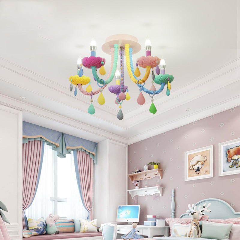 Contemporary Creative Flower Candle-Shaped Kid Iron Crystal Glass 5-Light Flush Mount Ceiling Light For Bedroom