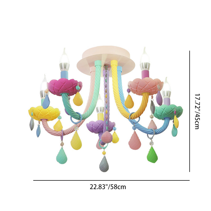 Contemporary Creative Flower Candle-Shaped Kid Iron Crystal Glass 5-Light Flush Mount Ceiling Light For Bedroom