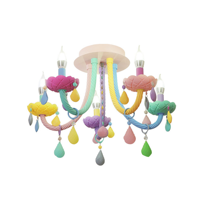 Contemporary Creative Flower Candle-Shaped Kid Iron Crystal Glass 5-Light Flush Mount Ceiling Light For Bedroom