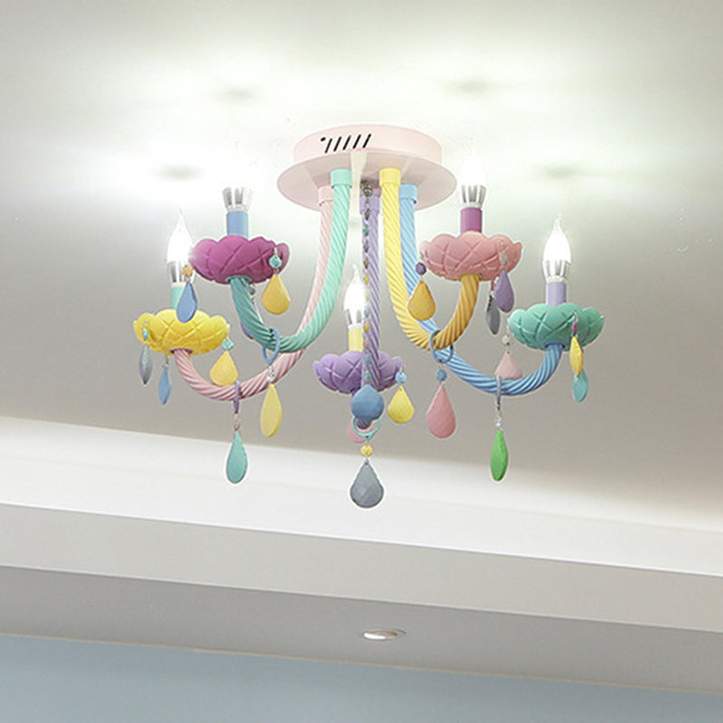 Contemporary Creative Flower Candle-Shaped Kid Iron Crystal Glass 5-Light Flush Mount Ceiling Light For Bedroom