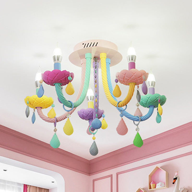 Contemporary Creative Flower Candle-Shaped Kid Iron Crystal Glass 5-Light Flush Mount Ceiling Light For Bedroom