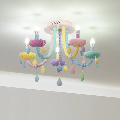 Contemporary Creative Flower Candle-Shaped Kid Iron Crystal Glass 5-Light Flush Mount Ceiling Light For Bedroom