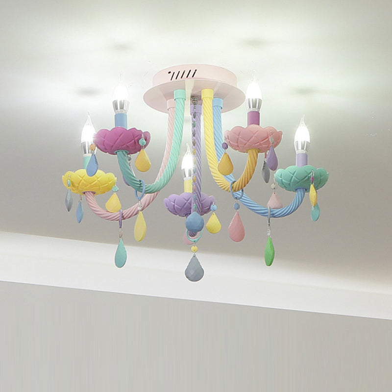 Contemporary Creative Flower Candle-Shaped Kid Iron Crystal Glass 5-Light Flush Mount Ceiling Light For Bedroom