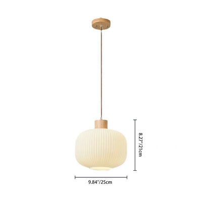Traditional Japanese Cylindrical Lantern-Shaped Wooden Woven Glass 1-Light Pendant Light For Living Room