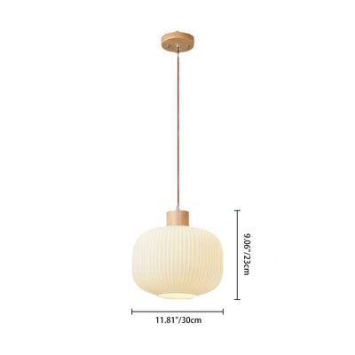 Traditional Japanese Cylindrical Lantern-Shaped Wooden Woven Glass 1-Light Pendant Light For Living Room