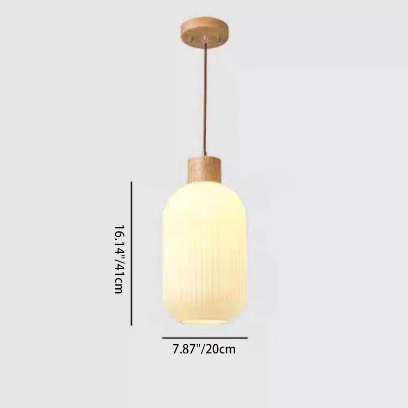 Traditional Japanese Cylindrical Lantern-Shaped Wooden Woven Glass 1-Light Pendant Light For Living Room