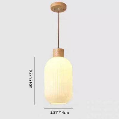 Traditional Japanese Cylindrical Lantern-Shaped Wooden Woven Glass 1-Light Pendant Light For Living Room