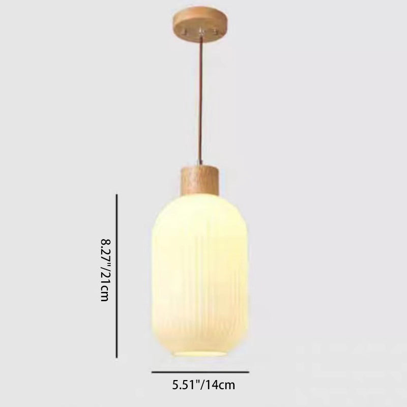 Traditional Japanese Cylindrical Lantern-Shaped Wooden Woven Glass 1-Light Pendant Light For Living Room