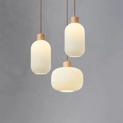 Traditional Japanese Cylindrical Lantern-Shaped Wooden Woven Glass 1-Light Pendant Light For Living Room