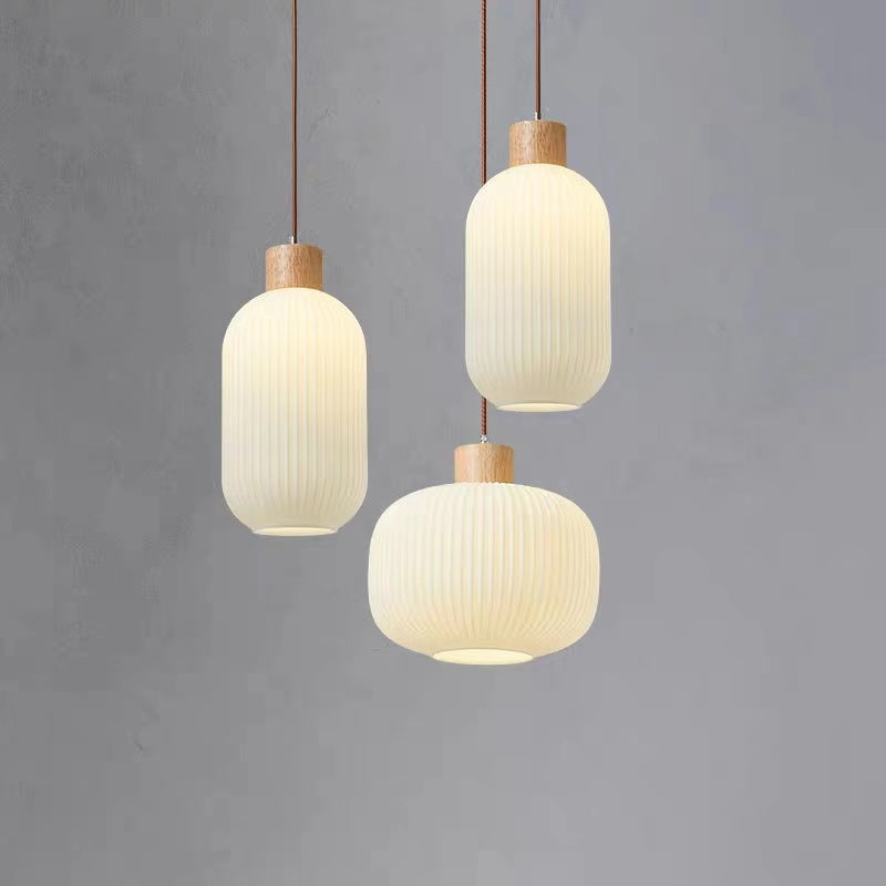 Traditional Japanese Cylindrical Lantern-Shaped Wooden Woven Glass 1-Light Pendant Light For Living Room