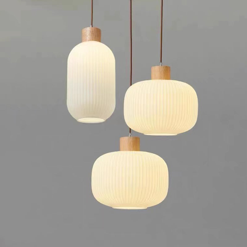 Traditional Japanese Cylindrical Lantern-Shaped Wooden Woven Glass 1-Light Pendant Light For Living Room