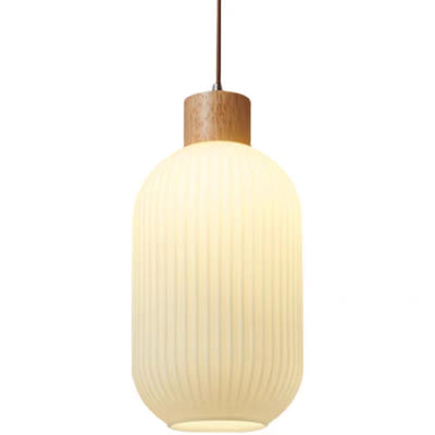 Traditional Japanese Cylindrical Lantern-Shaped Wooden Woven Glass 1-Light Pendant Light For Living Room
