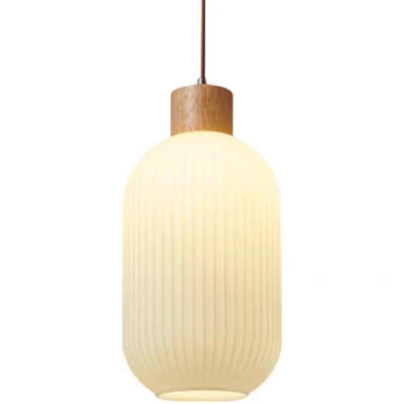 Traditional Japanese Cylindrical Lantern-Shaped Wooden Woven Glass 1-Light Pendant Light For Living Room
