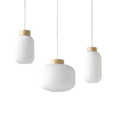Traditional Japanese Cylindrical Lantern-Shaped Wooden Woven Glass 1-Light Pendant Light For Living Room