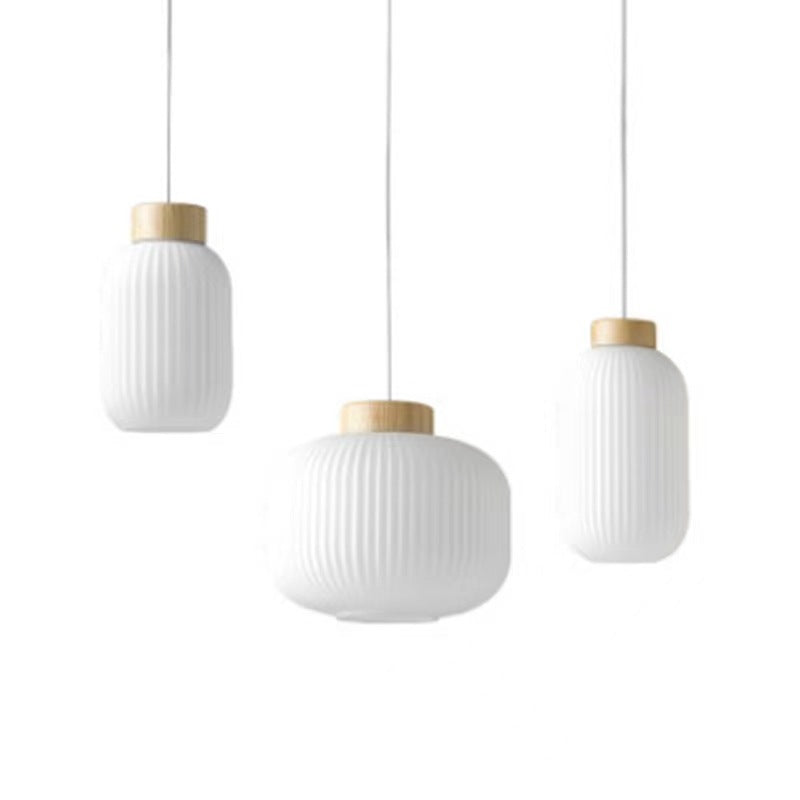 Traditional Japanese Cylindrical Lantern-Shaped Wooden Woven Glass 1-Light Pendant Light For Living Room