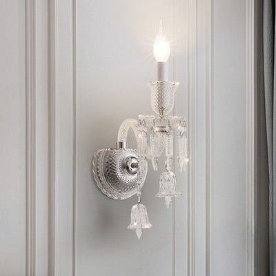 Contemporary Luxury Candle-Shaped Bell Crystal Iron Glass 1/2 Light Wall Scone Lamp For Bedroom