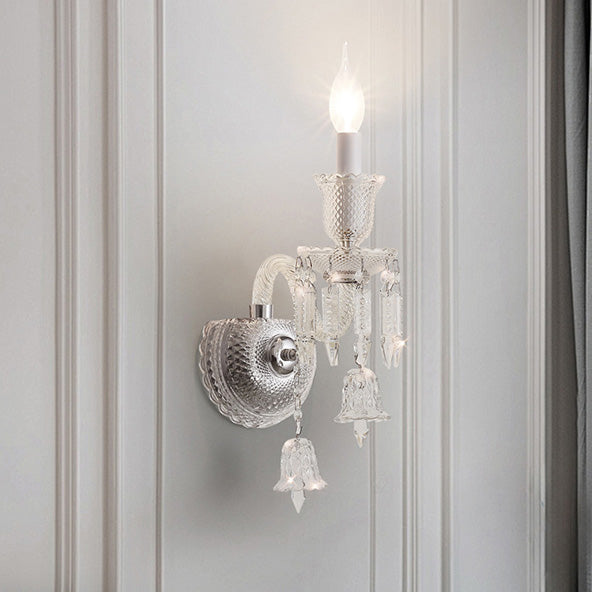 Contemporary Luxury Candle-Shaped Bell Crystal Iron Glass 1/2 Light Wall Scone Lamp For Bedroom