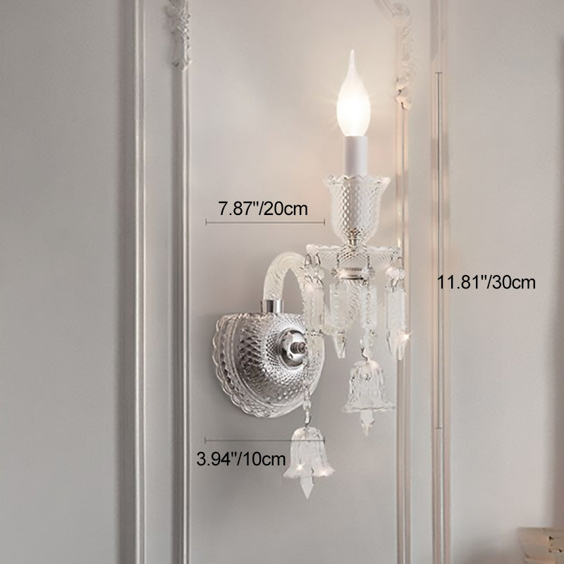 Contemporary Luxury Candle-Shaped Bell Crystal Iron Glass 1/2 Light Wall Scone Lamp For Bedroom