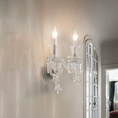 Contemporary Luxury Candle-Shaped Bell Crystal Iron Glass 1/2 Light Wall Scone Lamp For Bedroom