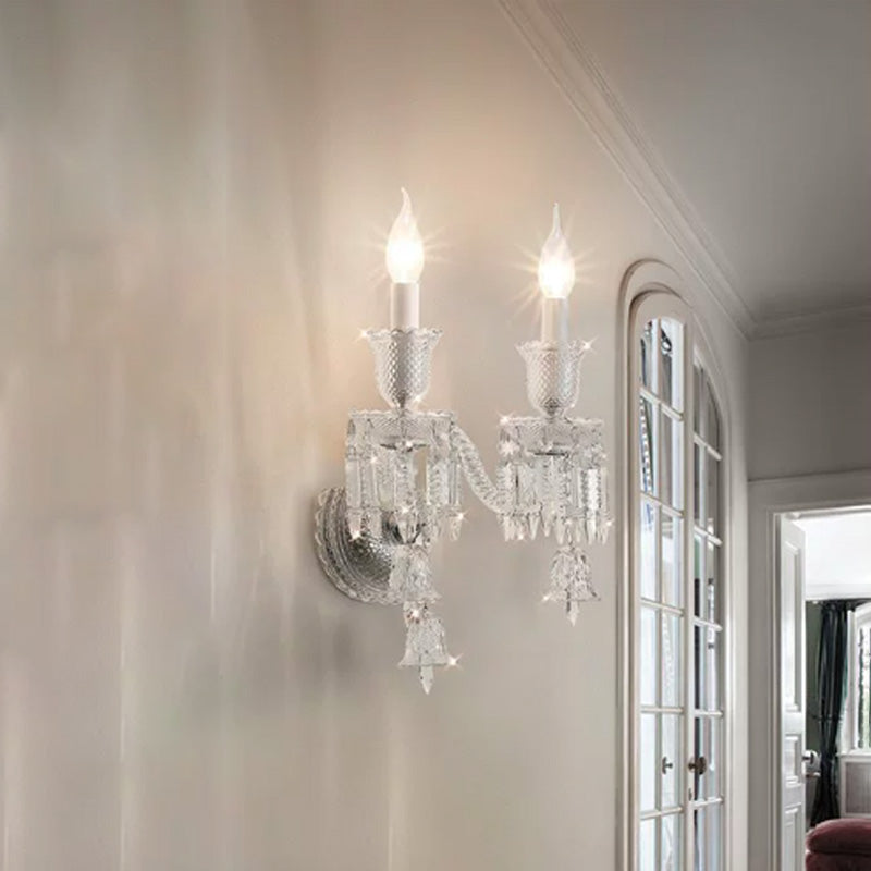 Contemporary Luxury Candle-Shaped Bell Crystal Iron Glass 1/2 Light Wall Scone Lamp For Bedroom