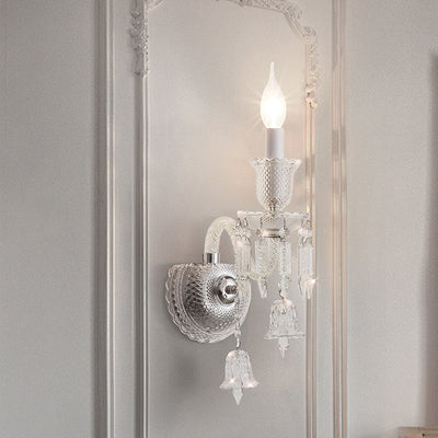 Contemporary Luxury Candle-Shaped Bell Crystal Iron Glass 1/2 Light Wall Scone Lamp For Bedroom