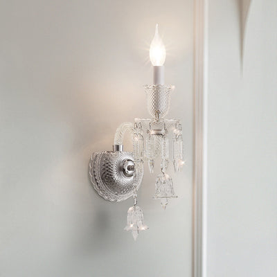Contemporary Luxury Candle-Shaped Bell Crystal Iron Glass 1/2 Light Wall Scone Lamp For Bedroom