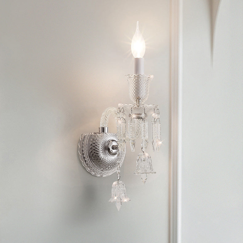 Contemporary Luxury Candle-Shaped Bell Crystal Iron Glass 1/2 Light Wall Scone Lamp For Bedroom