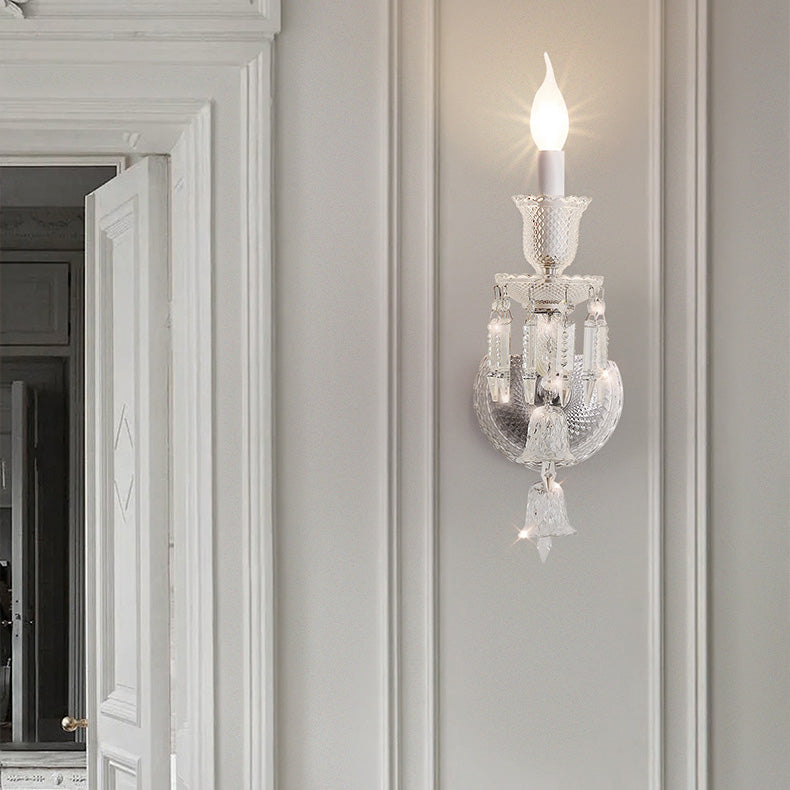 Contemporary Luxury Candle-Shaped Bell Crystal Iron Glass 1/2 Light Wall Scone Lamp For Bedroom