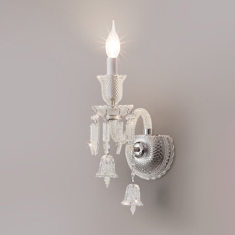Contemporary Luxury Candle-Shaped Bell Crystal Iron Glass 1/2 Light Wall Scone Lamp For Bedroom