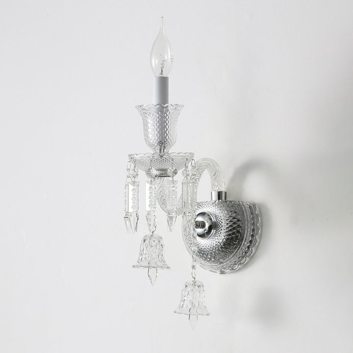 Contemporary Luxury Candle-Shaped Bell Crystal Iron Glass 1/2 Light Wall Scone Lamp For Bedroom