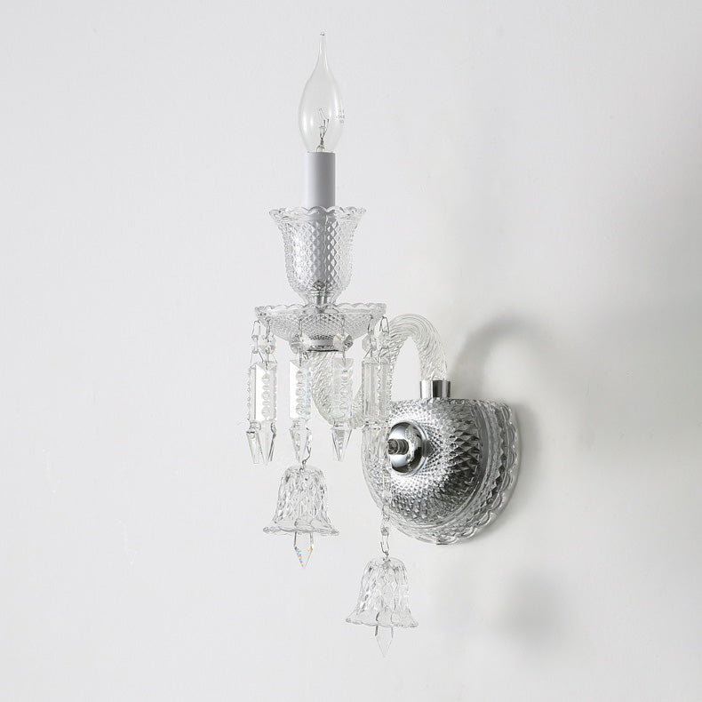 Contemporary Luxury Candle-Shaped Bell Crystal Iron Glass 1/2 Light Wall Scone Lamp For Bedroom